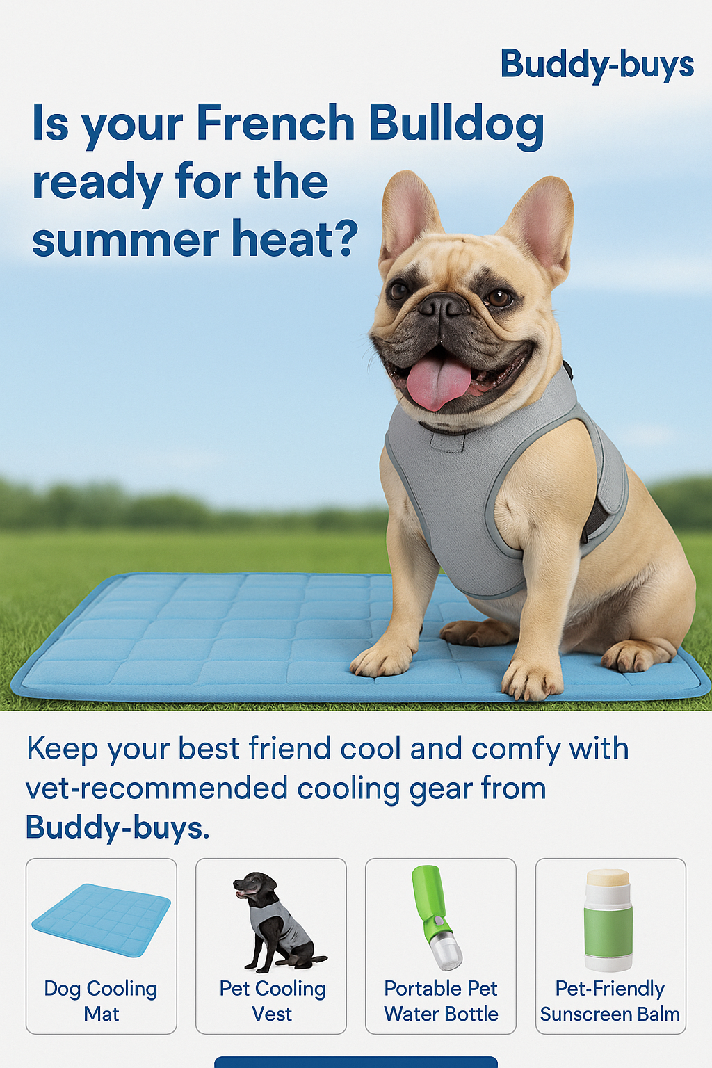 Summer Pet Essentials Bundle featuring a reflective dog cooling vest, portable self-cooling mat, portable dog water bottle, and paw balm, displayed together for hot weather pet comfort and protection.e featuring