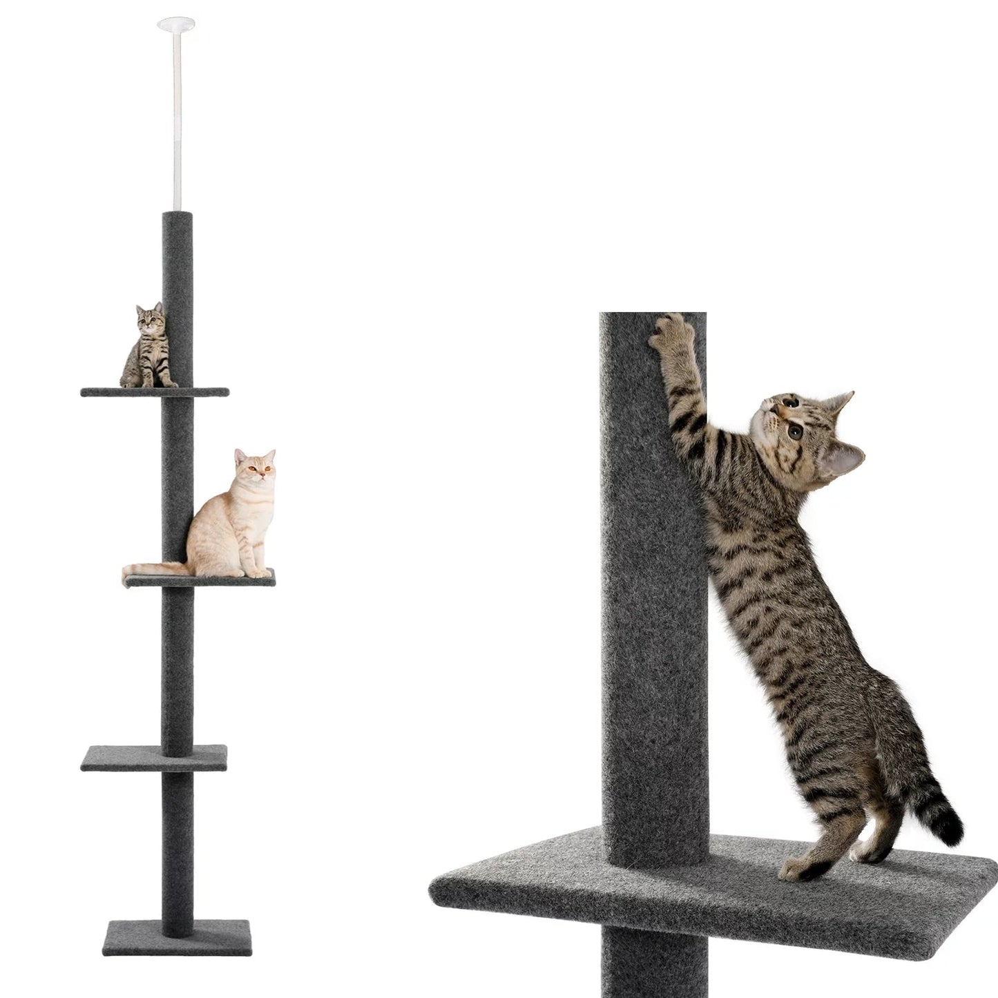 Multi-Level Cat Tower 90-107" Floor to Ceiling Cat Tree Tower 4 Tier Tall Cat Climbing Posts Adjustable, Gray