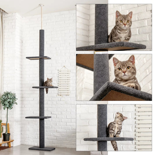 Multi-Level Cat Tower 90-107" Floor to Ceiling Cat Tree Tower 4 Tier Tall Cat Climbing Posts Adjustable, Gray