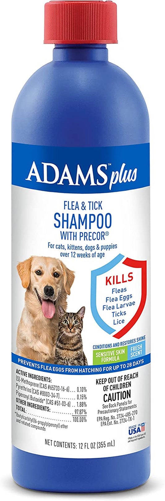 Adams plus Flea & Tick Shampoo with Precor for Cats, Kittens, Dogs & Puppies over 12 Weeks of Age Sensitive Skin Flea Treatment | Kills Adult Fleas, Flea Eggs, Ticks, and Lice| 12 Ounces
