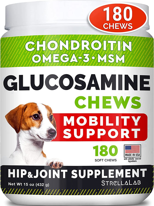 Glucosamine Treats for Dogs - Joint Supplement W/ Omega-3 Fish Oil - Chondroitin, MSM - Advanced Mobility Chews - Joint Pain Relief - Hip & Joint Care - Chicken Flavor - 180 Ct - Made in USA