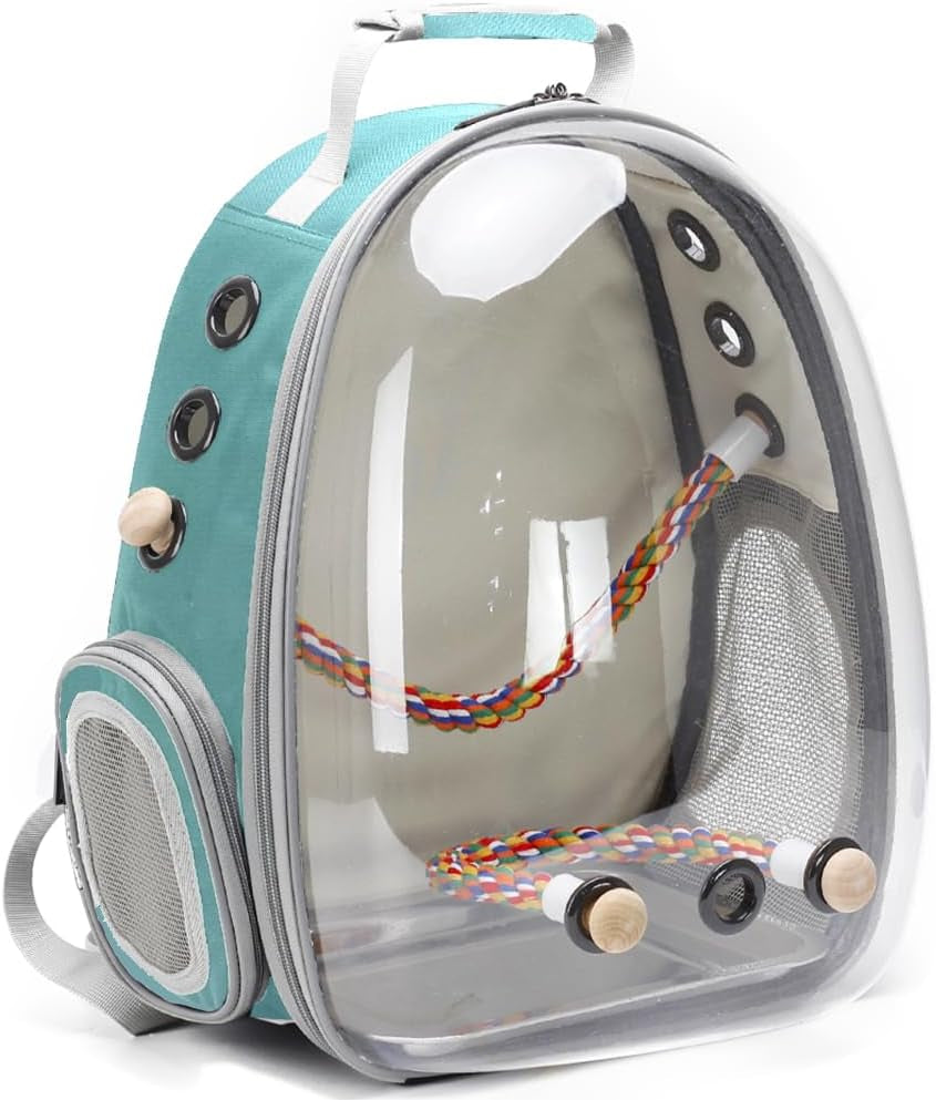 Bird Travel Backpack Carrier, Cage for Small to Medium Size Bird Parakeet Budgies Cockatiel, Space Capsule Clear Bubble Window with Stainless Steel Tray and Standing Perch (Large, Black)