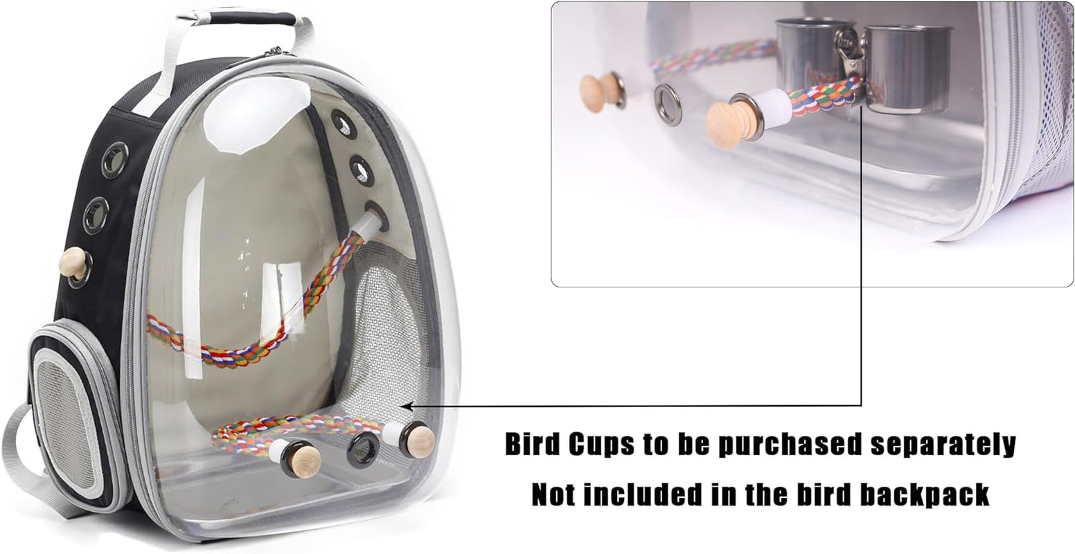 Bird Travel Backpack Carrier, Cage for Small to Medium Size Bird Parakeet Budgies Cockatiel, Space Capsule Clear Bubble Window with Stainless Steel Tray and Standing Perch (Large, Black)