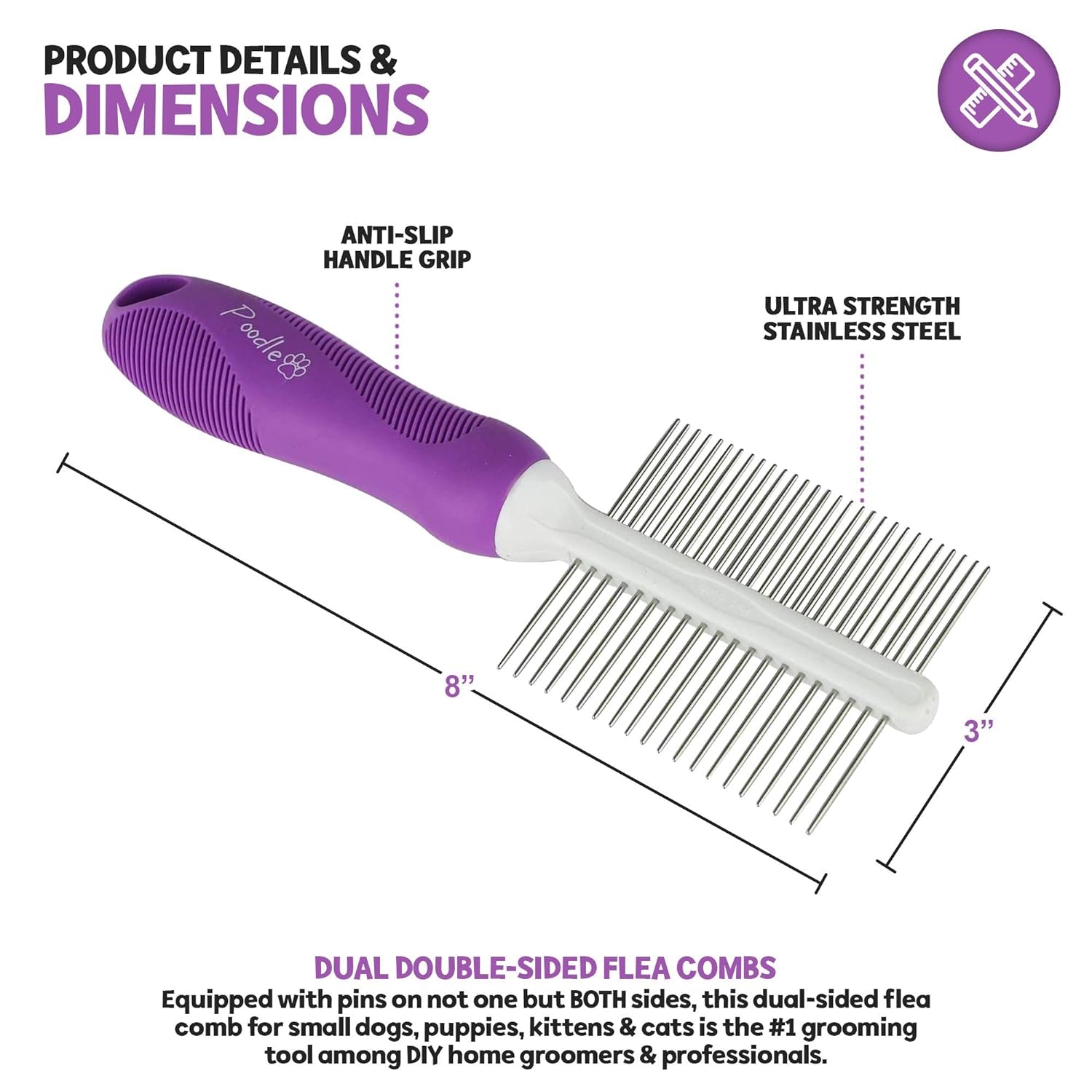 Double-Sided Pet Comb for Grooming & Massaging Dogs, Cats & Other Animals – Fur Detangling Pins & Coat Smoothing Slicker Bristles, Double the Brushing Groom Power in One Tool (Double Sided Comb)