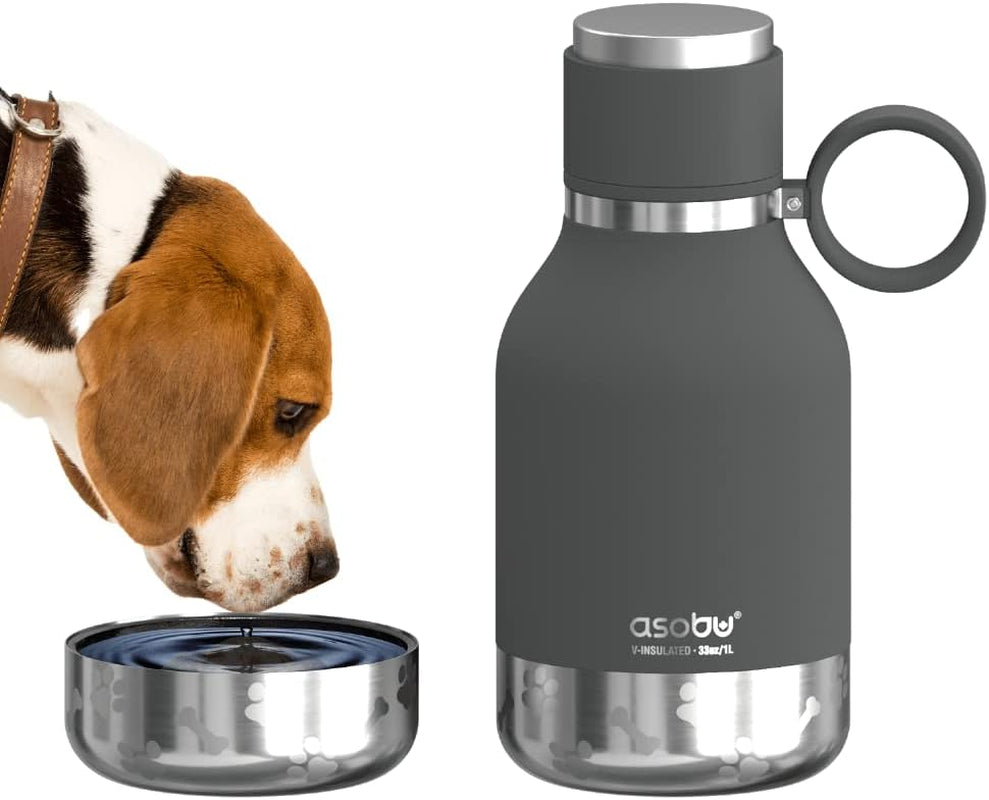 Dog Bowl Attached to Stainless Steel Insulated Travel Bottle for Human 33 Ounce (Burgundy)