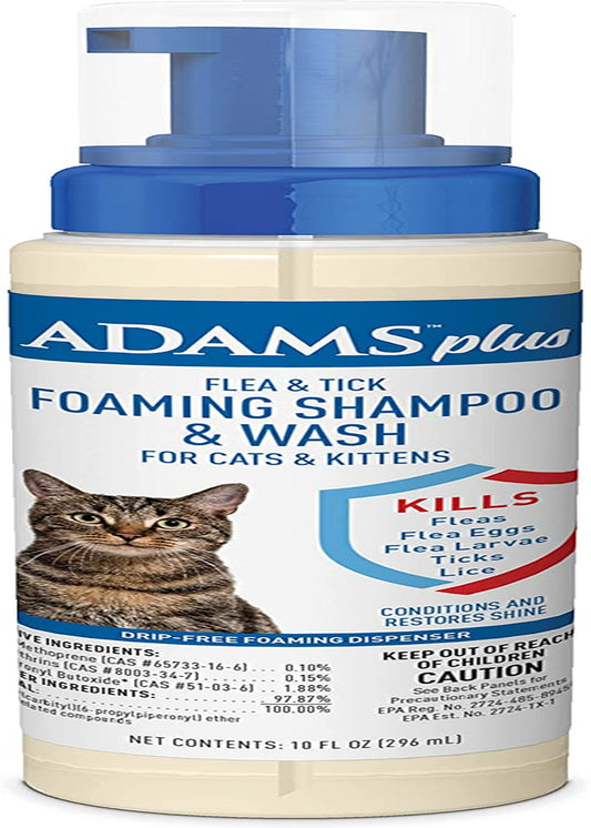 plus Flea & Tick Foaming Shampoo & Wash for Cats & Kittens over 12 Weeks | Sensitive Skin Flea Treatment for Cats and Kittens | Kills Adult Fleas, Ticks, and Lice on Contact | 10 Oz