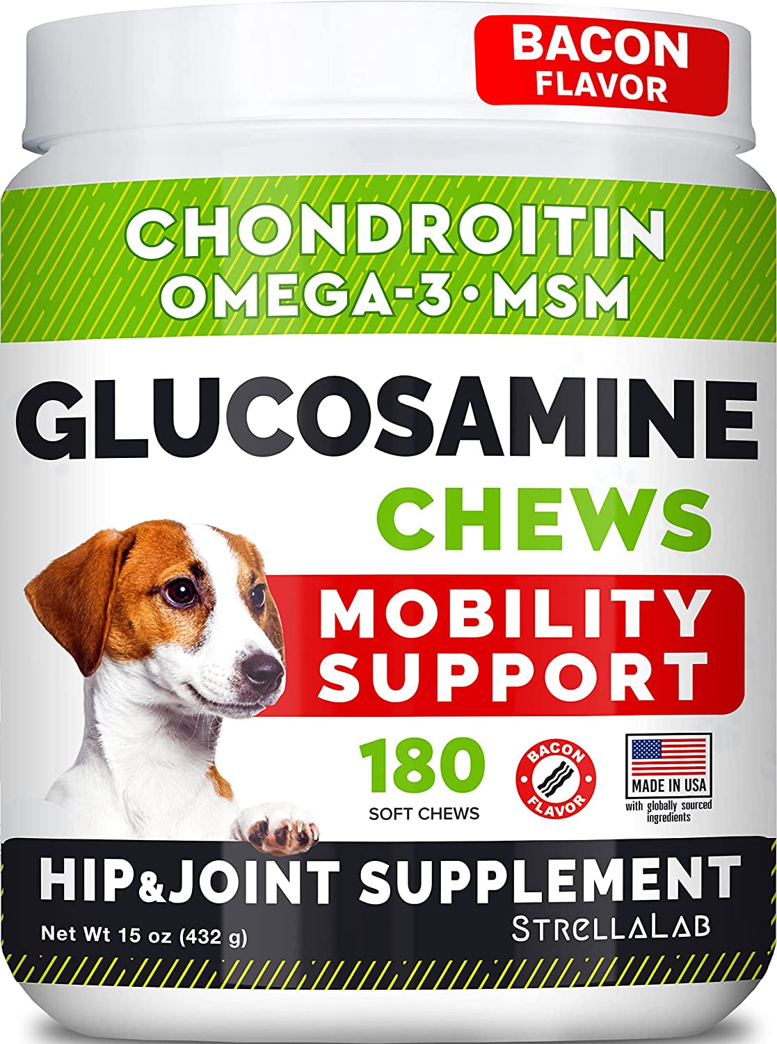 Glucosamine Treats for Dogs - Joint Supplement W/ Omega-3 Fish Oil - Chondroitin, MSM - Advanced Mobility Chews - Joint Pain Relief - Hip & Joint Care - Chicken Flavor - 180 Ct - Made in USA