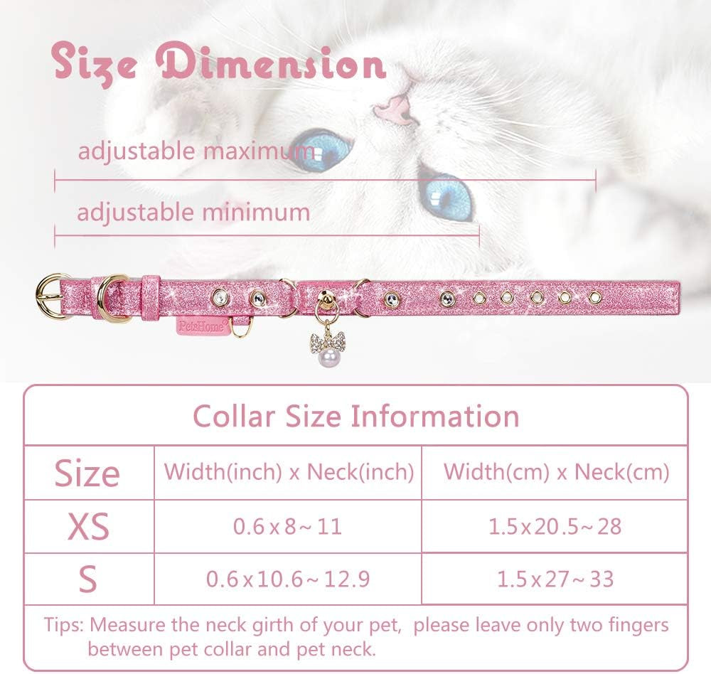 Cat Collar, Dog Collar, [Bling Rhinestones] PU Leather Adjustable Pet Collar with Luxury Pendant for Big Cat and Small to Medium Dog Small Pink
