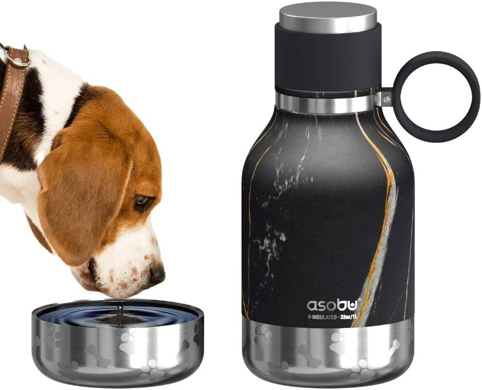 Dog Bowl Attached to Stainless Steel Insulated Travel Bottle for Human 33 Ounce (Burgundy)