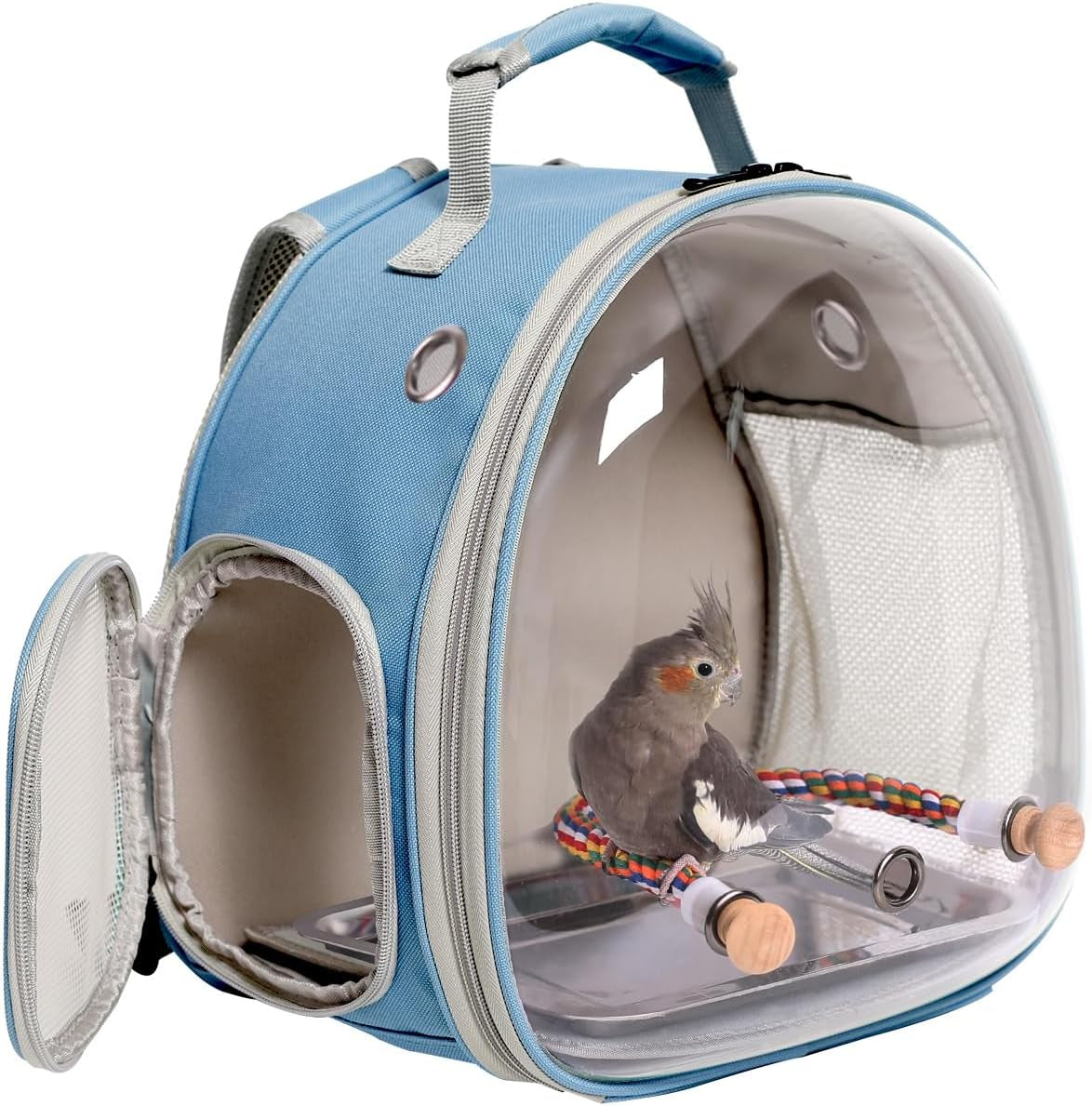 Bird Travel Backpack Carrier, Cage for Small to Medium Size Bird Parakeet Budgies Cockatiel, Space Capsule Clear Bubble Window with Stainless Steel Tray and Standing Perch (Large, Black)