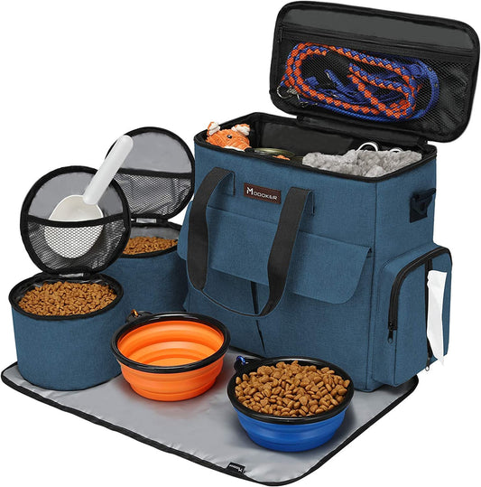 Dog Travel Bag, Weekend Pet Travel Set for Dog and Cat, Airline Approved Tote Organizer with Multi-Function Pockets, 2 Food Storage Containers, 2 Collapsible Bowls, 1 Feeding Mat (Blue)