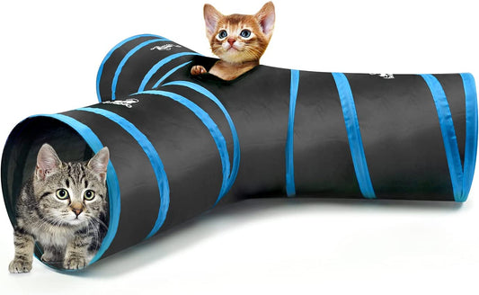 Cat Toys, Cat Tunnel Tube 3-Way Tunnels 25X40Cm Extensible Collapsible Cat Play Tent Interactive Toy Maze Cat House Bed with Balls and Bells for Cat Kitten Kitty Rabbit Small Animal, Blue