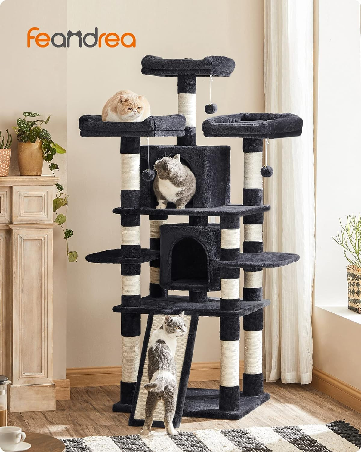 67-Inch Multi-Level Cat Tree for Large Cats, with Cozy Perches, Stable, Smoky Gray UPCT18G