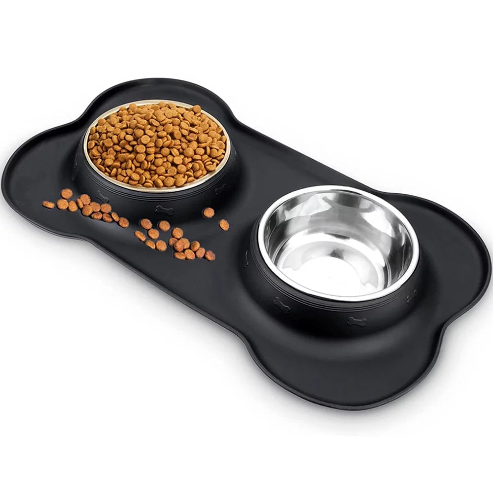 Dog Bowls, Double Dog and Cat Bowls with Anti-Overflow and Anti-Skid Food Mat, Small Dog and Cat Feeding Water and Bowls, 14.00 X 8.20 X 1.10 Inches