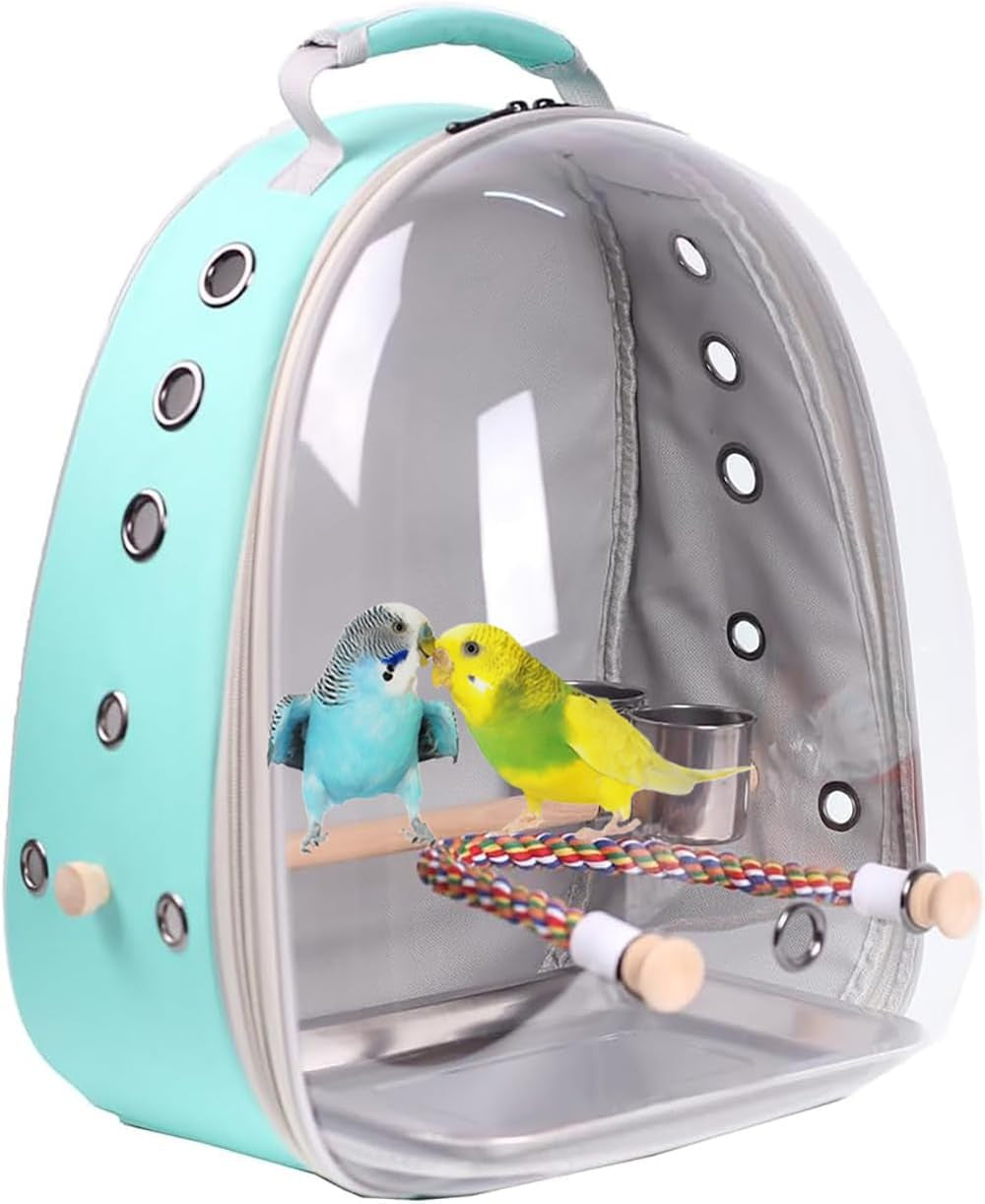 Bird Travel Backpack Carrier, Cage for Small to Medium Size Bird Parakeet Budgies Cockatiel, Space Capsule Clear Bubble Window with Stainless Steel Tray and Standing Perch (Large, Black)