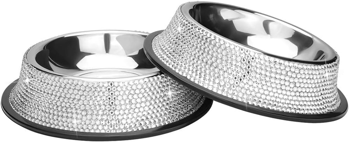 Bling Dog Bowls Pink, 640ML Handmade Bling Rhinestones Stainless Steel Pet Bowls Double Food Water Feeder for Puppy Cats Dogs - Set of 2