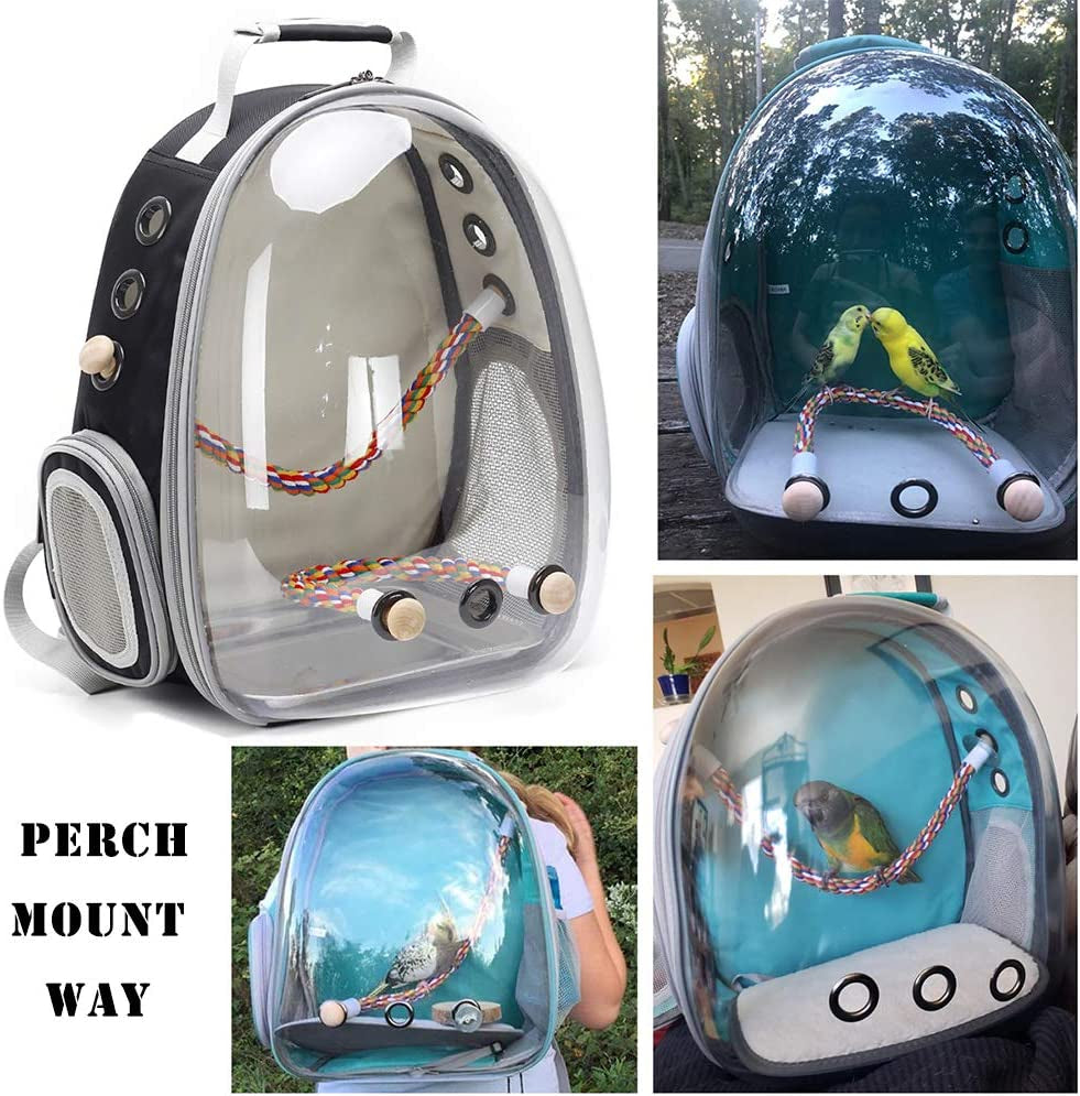 Bird Travel Backpack Carrier, Cage for Small to Medium Size Bird Parakeet Budgies Cockatiel, Space Capsule Clear Bubble Window with Stainless Steel Tray and Standing Perch (Large, Black)