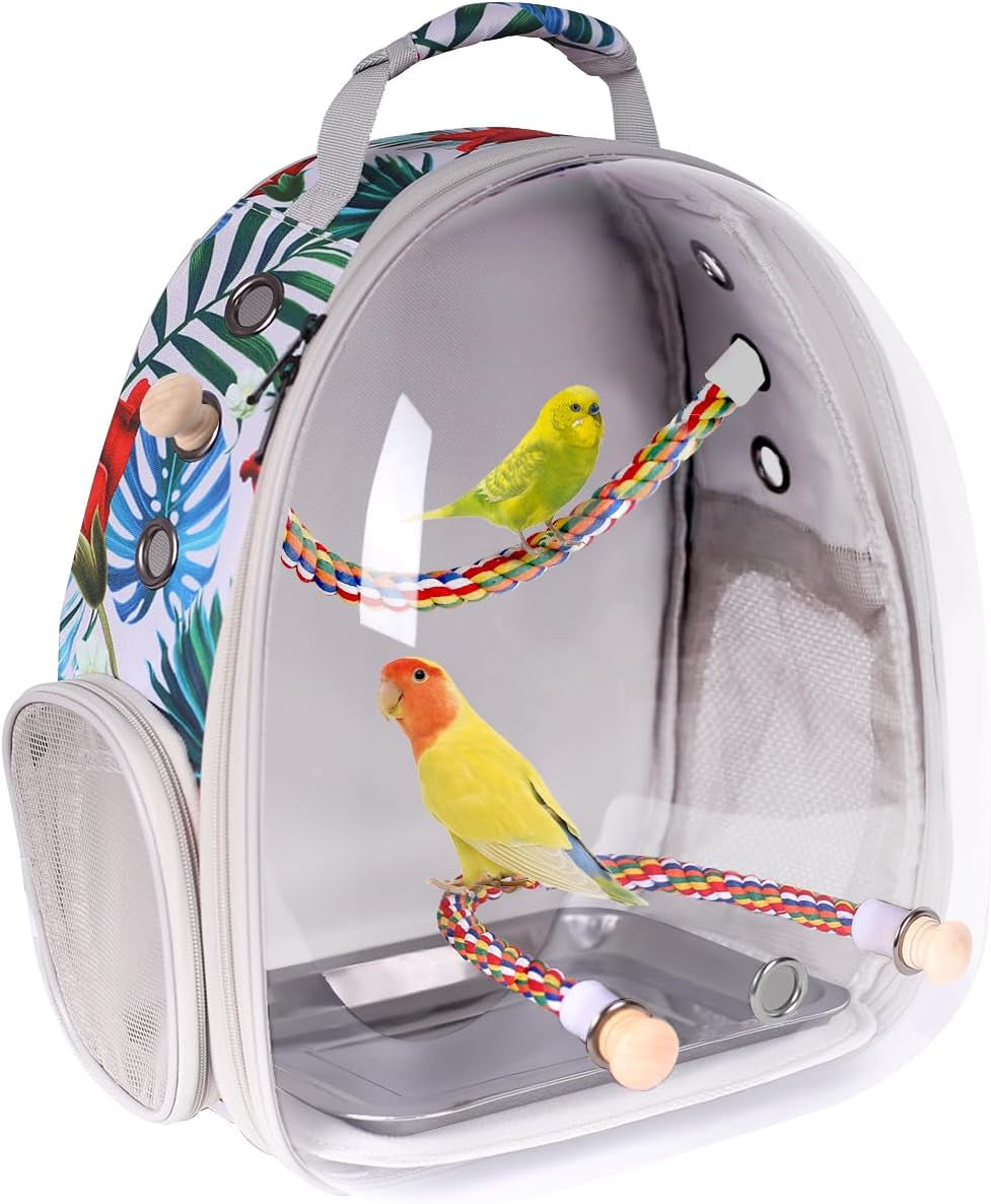 Bird Travel Backpack Carrier, Cage for Small to Medium Size Bird Parakeet Budgies Cockatiel, Space Capsule Clear Bubble Window with Stainless Steel Tray and Standing Perch (Large, Black)