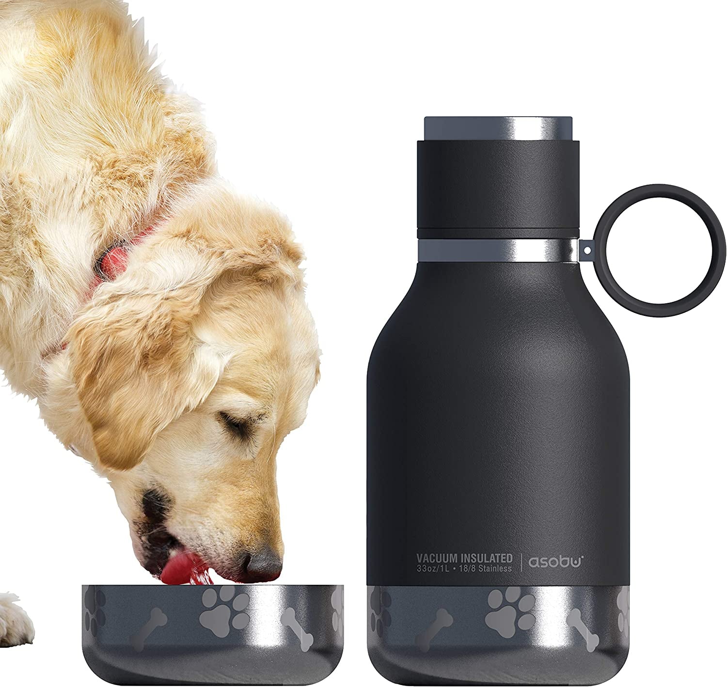 Dog Bowl Attached to Stainless Steel Insulated Travel Bottle for Human 33 Ounce (Burgundy)