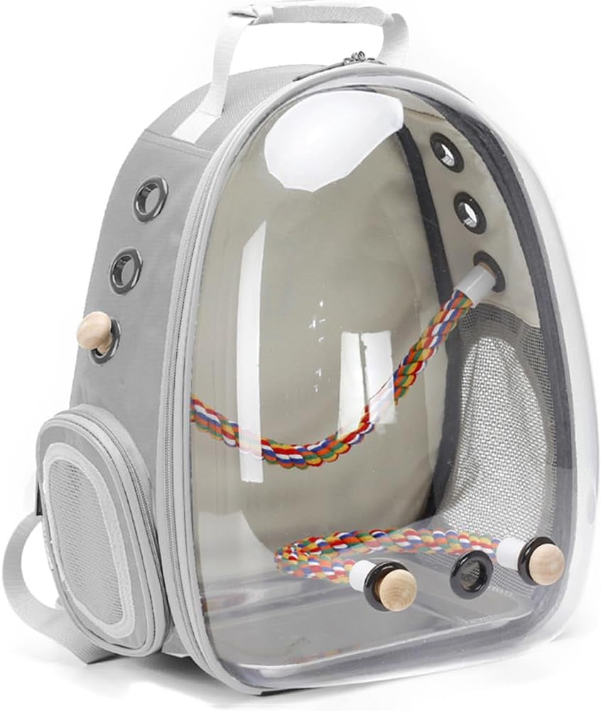 Bird Travel Backpack Carrier, Cage for Small to Medium Size Bird Parakeet Budgies Cockatiel, Space Capsule Clear Bubble Window with Stainless Steel Tray and Standing Perch (Large, Black)