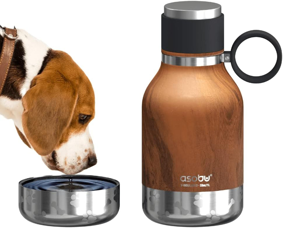 Dog Bowl Attached to Stainless Steel Insulated Travel Bottle for Human 33 Ounce (Burgundy)