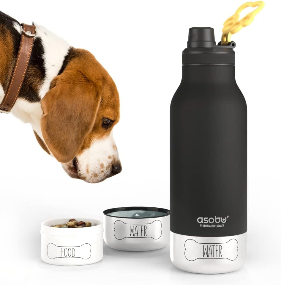 Dog Bowl Attached to Stainless Steel Insulated Travel Bottle for Human 33 Ounce (Burgundy)