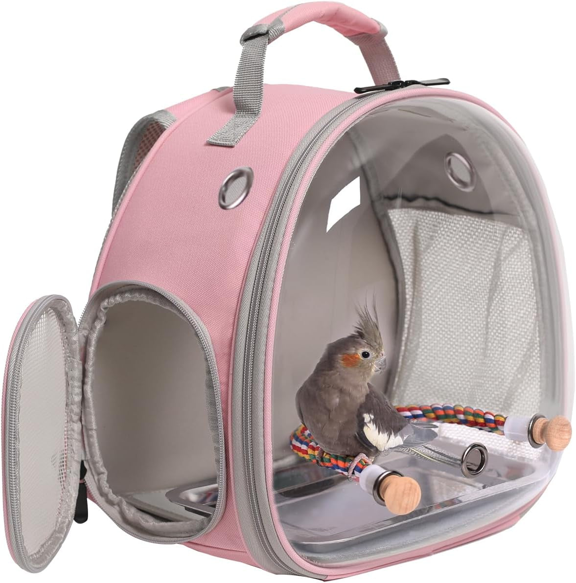 Bird Travel Backpack Carrier, Cage for Small to Medium Size Bird Parakeet Budgies Cockatiel, Space Capsule Clear Bubble Window with Stainless Steel Tray and Standing Perch (Large, Black)