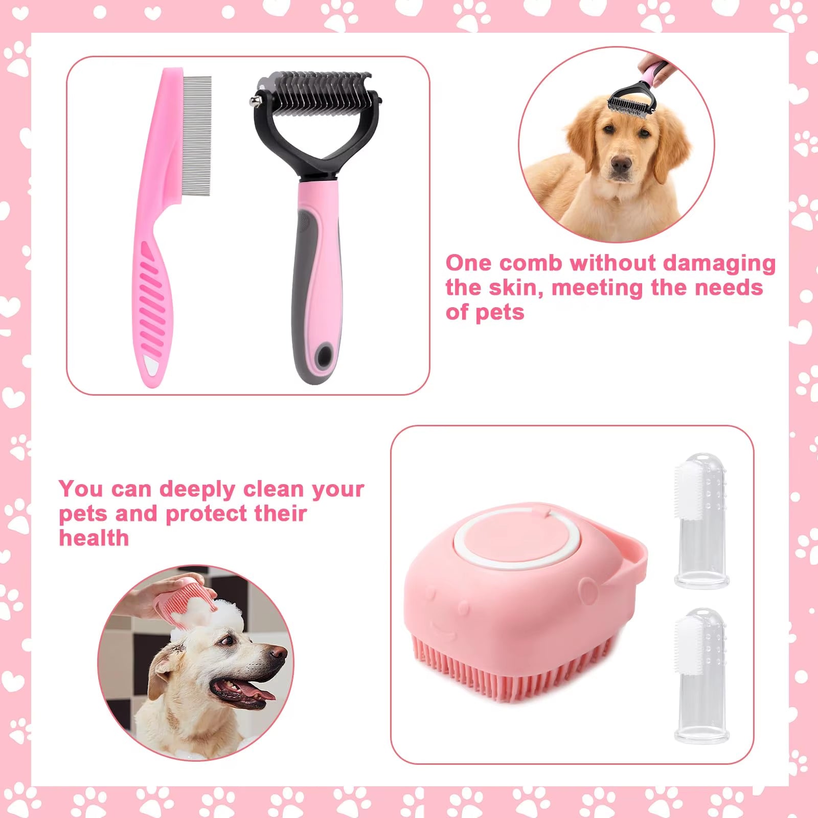 8-Piece Dog Brush Grooming Set, Pet Self-Cleaning Set, with Pet Nail Clippers and Files, Flea Comb, Pet Shampoo Bath Brush, Pet