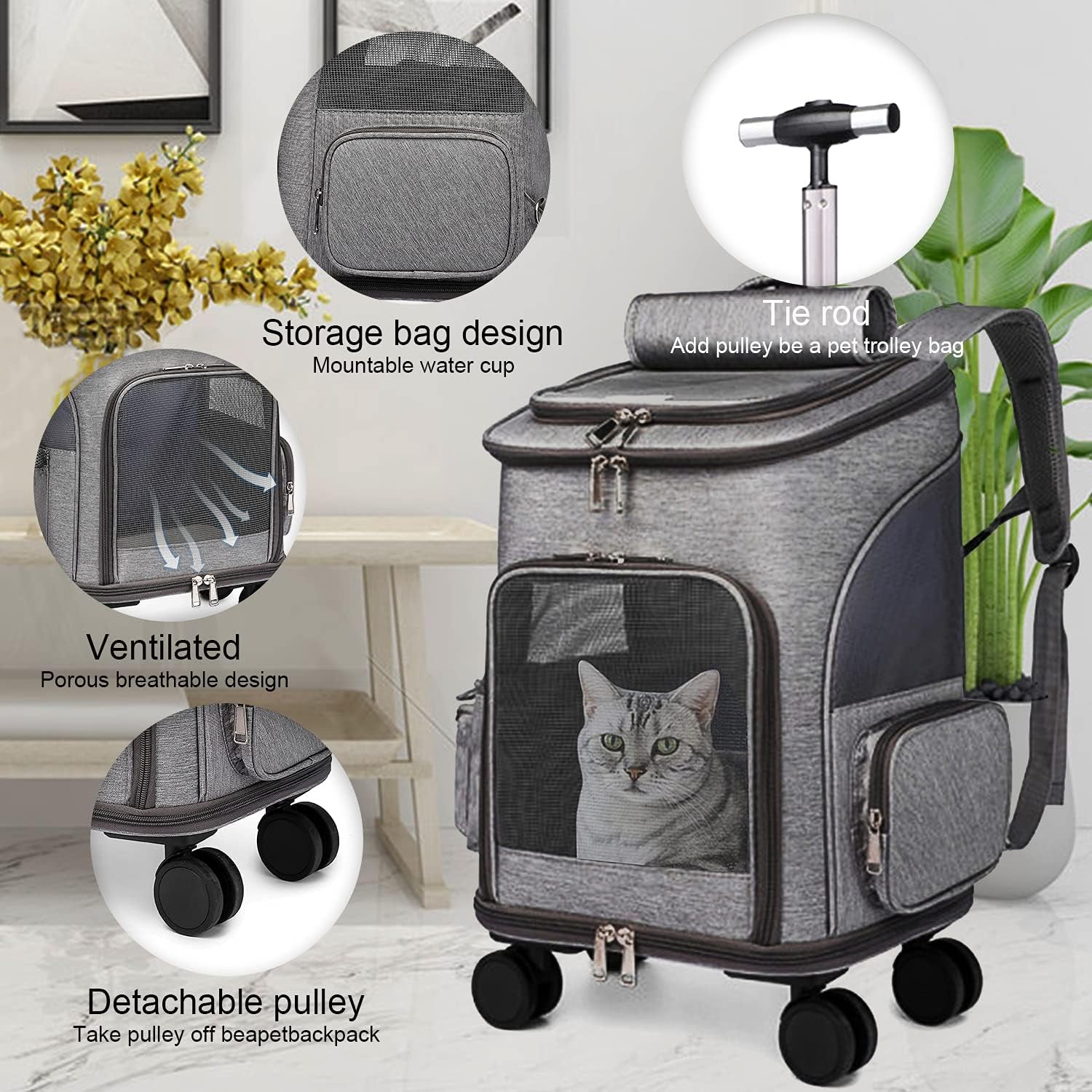 Airline Approved Pet Carrier Backpack with Wheels(Large Space),Rolling Backpack with Durable Handle and Flexible Wheels,Breathable Durable Mesh Panels(Most Airplane Approved)