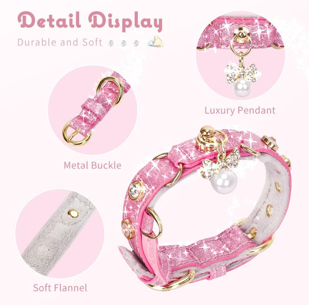 Cat Collar, Dog Collar, [Bling Rhinestones] PU Leather Adjustable Pet Collar with Luxury Pendant for Big Cat and Small to Medium Dog Small Pink