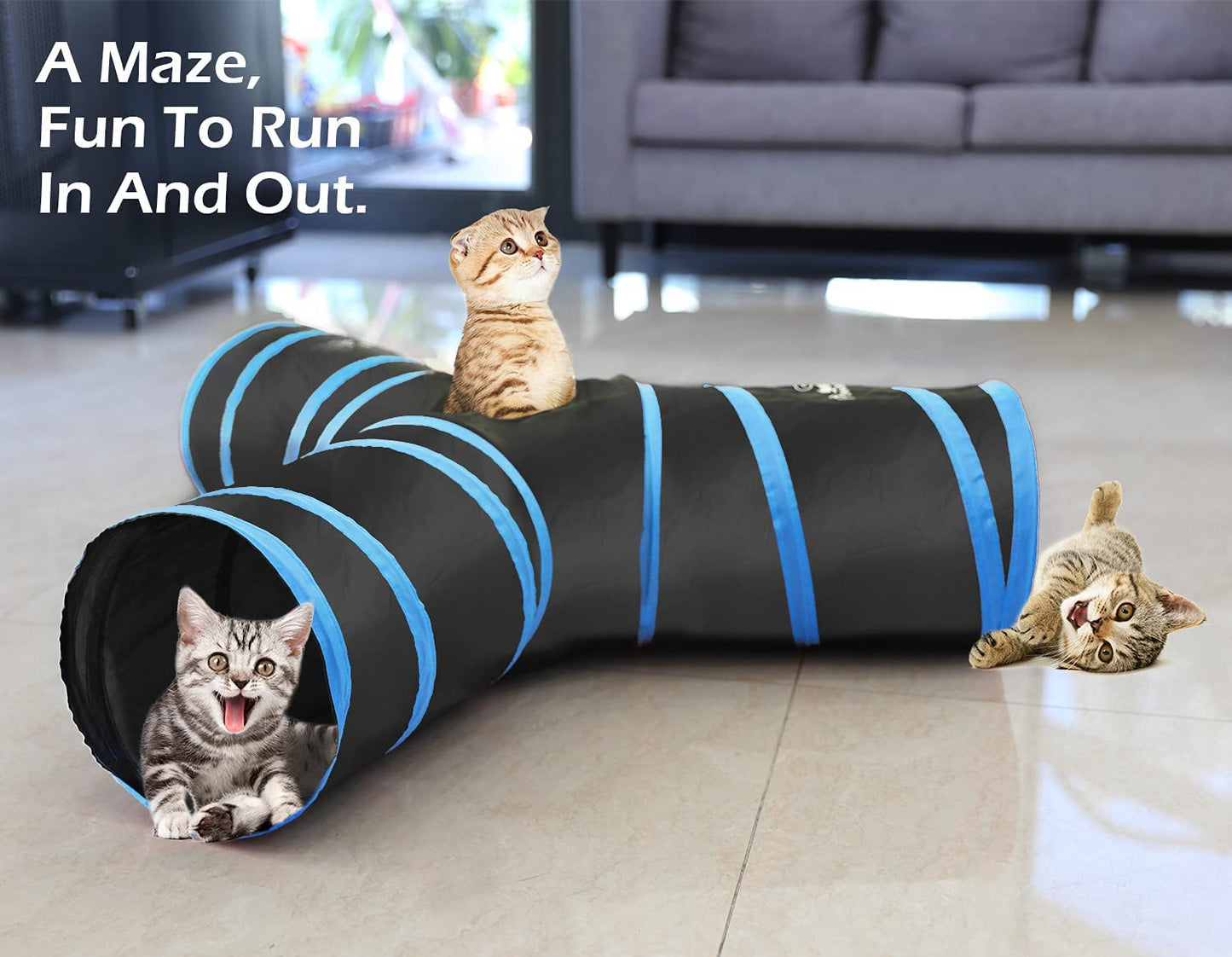 Cat Toys, Cat Tunnel Tube 3-Way Tunnels 25X40Cm Extensible Collapsible Cat Play Tent Interactive Toy Maze Cat House Bed with Balls and Bells for Cat Kitten Kitty Rabbit Small Animal, Blue