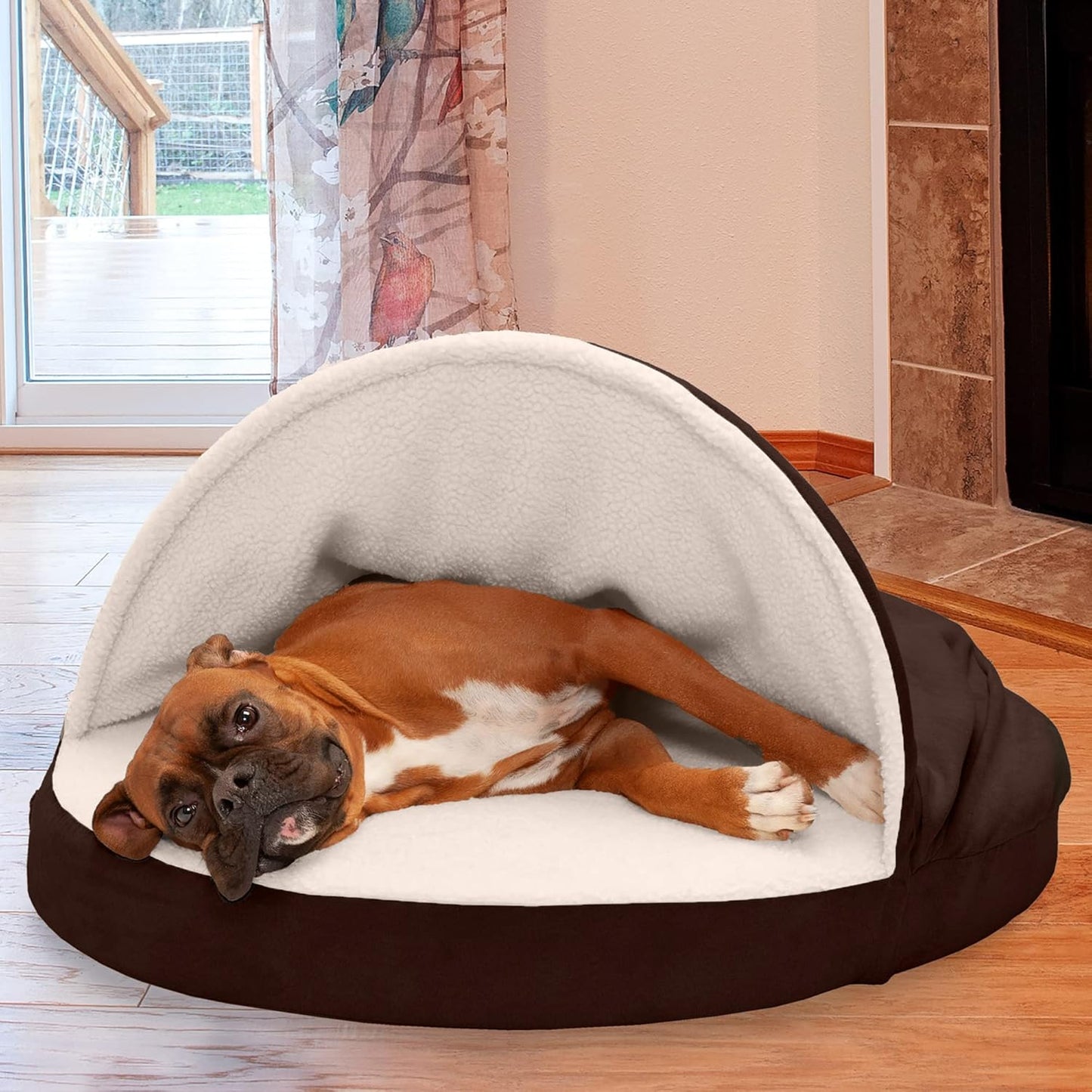 35" round Memory Foam Dog Bed for Large/Medium Dogs W/ Removable Washable Cover, for Dogs up to 50 Lbs - Sherpa & Suede Snuggery - Espresso, 35-Inch