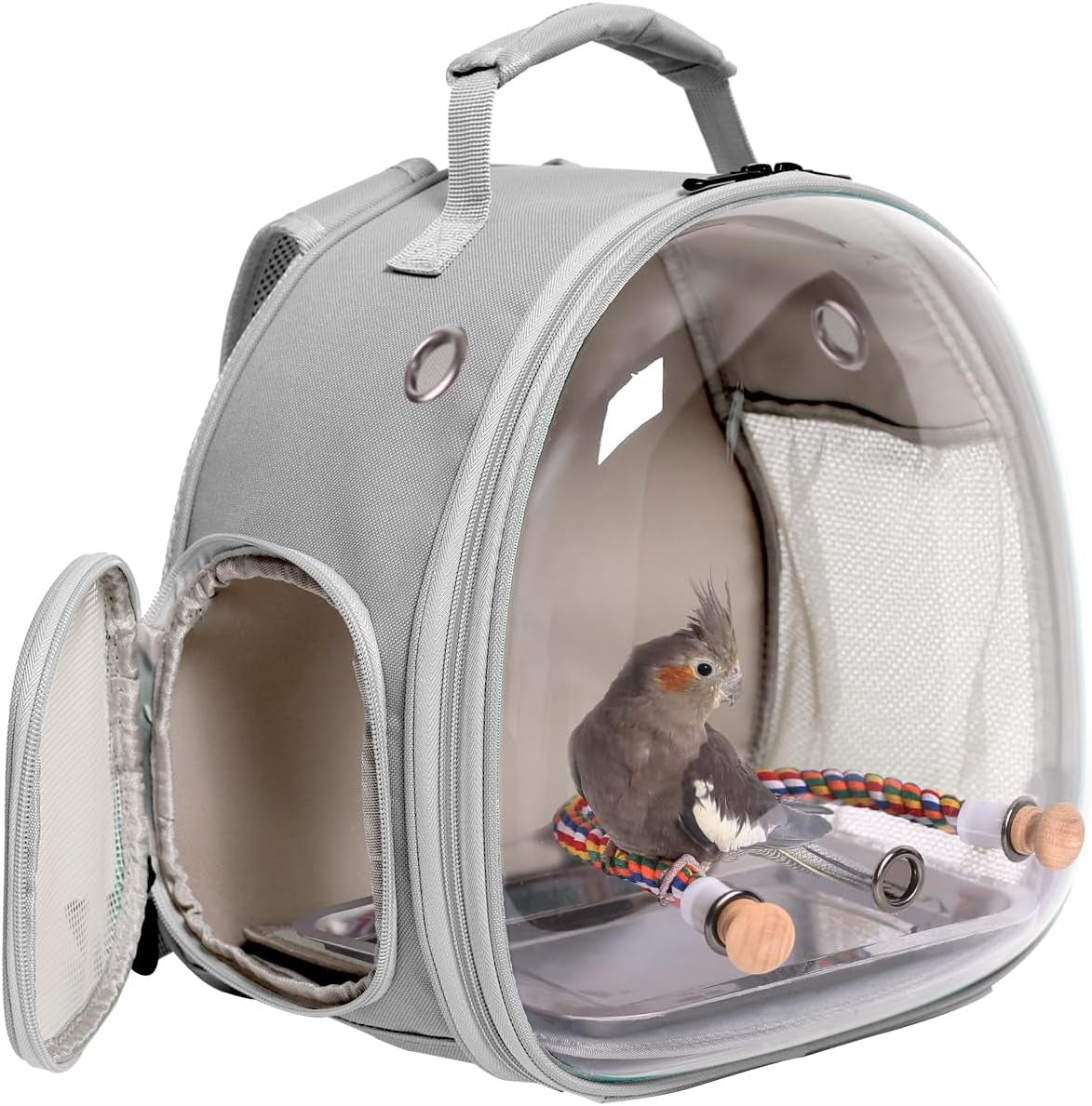 Bird Travel Backpack Carrier, Cage for Small to Medium Size Bird Parakeet Budgies Cockatiel, Space Capsule Clear Bubble Window with Stainless Steel Tray and Standing Perch (Large, Black)