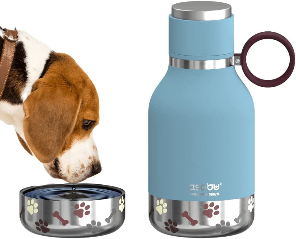 Dog Bowl Attached to Stainless Steel Insulated Travel Bottle for Human 33 Ounce (Burgundy)